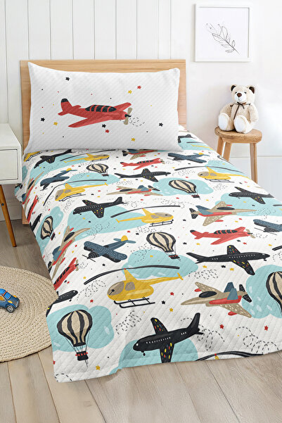 Realhomes طقم غطاء سرير فردي لغرفة الأطفال والمراهقين بنمط الطائرة والبالون