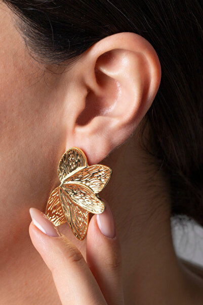 Elika Silver Modern Altın Dokulu Çiçek Küpe