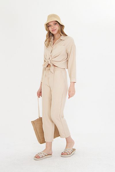 THIFF GYMWEAR Beige Women's Linen Shirt and Pants Set