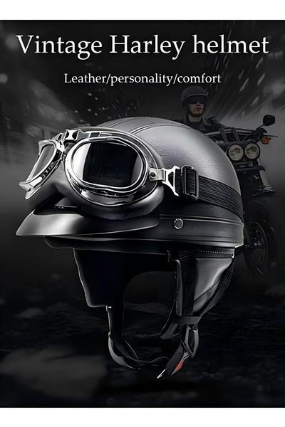 Generic Leather Motorcycle Riding Helmet With Transparent Visor, Removable Liner And Sun Protection Brim