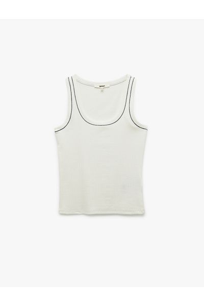 Koton Cotton Contrast Stitching Detail Slim Fit U Neck Camisole Ribbed Sleeveless T-Shirt