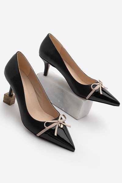 Marjin Women's Stiletto Pointed Toe Bow Detailed Heeled Shoes Ondes Black