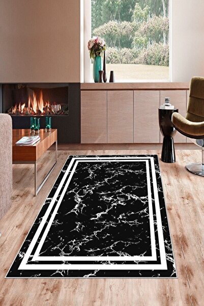 on the clouds Siyah Mermer Desen Beyaz Çerçeve Yıkanabilir Kaymaz Taban Leke ...