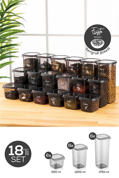 Vienev White Screen Printed Set of 18 Peggy Square Storage Containers 6X(0.55 - 1.2 - 1.75 Liters) Anthracite