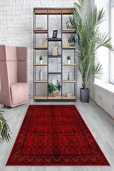 on the clouds Kırmızı Zemin Çerçeveli Yıkanabilir Kaymaz Taban Leke Tutmaz Mo...