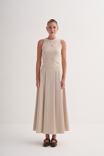 Zesyna Bej Astarlı Geniş Pileli Uzun Etek