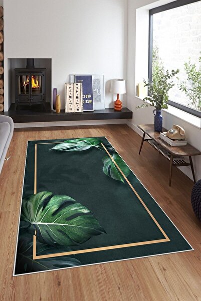 on the clouds Gri Yaprak Desenli Gold Çerçeveli Yıkanabilir Kaymaz Taban Leke...