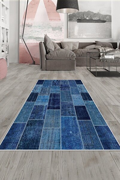 on the clouds Lacivert Patchwork Kırkama Desen Yıkanabilir Kaymaz Taban Leke ...