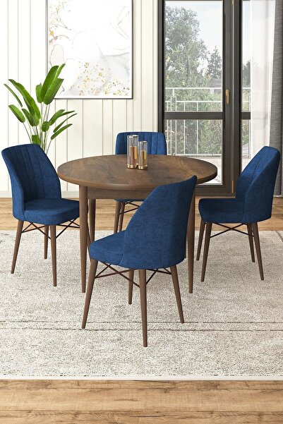 Canisa Rox Serisi Yuvarlak 90x90 Barok Ahşap Desenli Sabit Masa 4 Lacivert Sa...