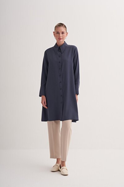 Zesyna İndigo %100 Liyosel Sivri Yaka Detaylı Uzun Tunik