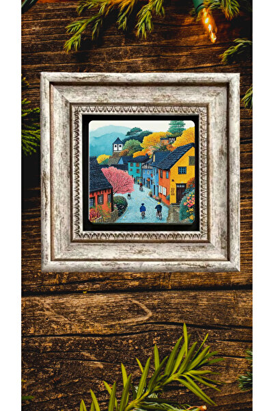 STONEVİVEART Küçük Evler Doğal Taş Tablo 20x20cm Duvar Dekoru