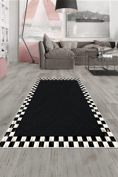 on the clouds Siyah Beyaz Dama Ve Hasır Desen Yıkanabilir Kaymaz Taban Leke T...