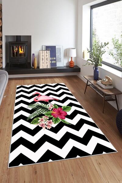 on the clouds Siyah Beyaz Zigzag Flamingo Desen Yıkanabilir Kaymaz Taban Leke...