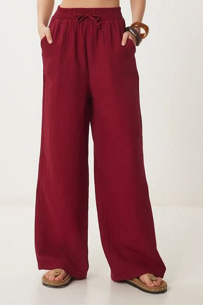 Mogi Butik Women's Elastic Waist Palazzo Muslin Trousers 3078