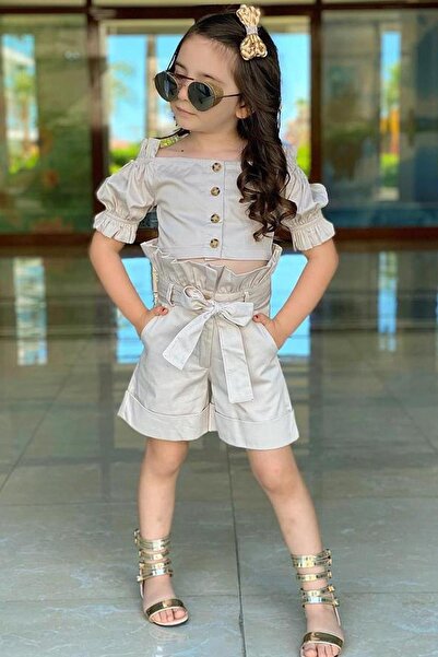 Riccotarz Girl's Button Detailed Waist Ruffled Square Collar Beige Shorts Suit