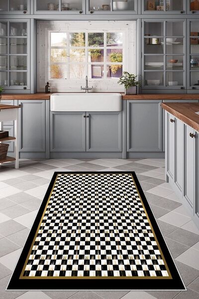 farbala Siyah Eskitme Dama Desenli Kaymaz Taban Leke Tutmaz Yıkanabilir İnce ...