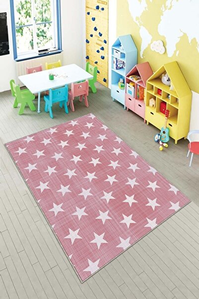 farbala Pembe Yıldızlı Kaymaz Taban Leke Tutmaz Yıkanabilir İnce Yazlık Ekono...