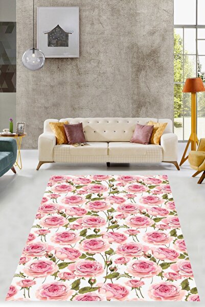 Genel Markalar Pembe Zeminde Gül Motifli Floral Desenli Kaymaz Taban  Yazlık ...