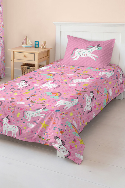 Realhomes Unicorn Desenli Çocuk ve Genç Odası İçin Tek Kişilik Pike Takımı Yatak Örtüsü