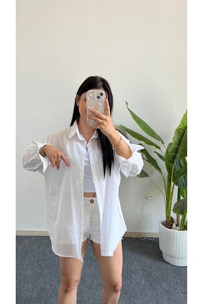 Shiron Sportswear&Company Cămașă de in, cu buzunare, cu umăr dezactivat, alb, de sezon nou