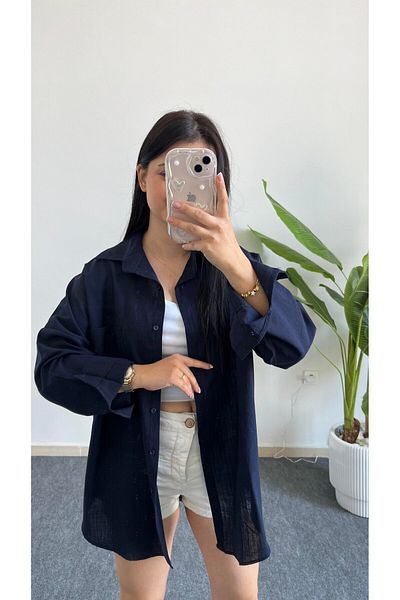 Shiron Sportswear&Company Cămașă de lux pentru femei, albastru bleumarin, cu umăr jos, oversize, cu buzunar din in