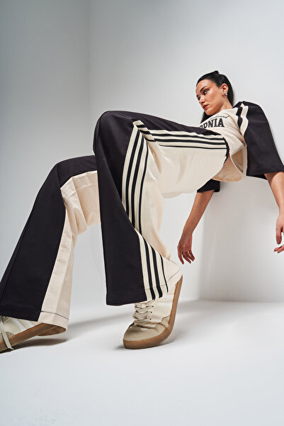 its basic Γυναικεία Πολύχρωμη S5-Κρεμ Μαύρη Πλεκτή Υφασμάτινη Φόρμα Oversize T-Shirt 2 τεμαχίων Συνδυασμός