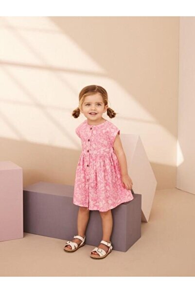Magu Girls' Cotton Pink Floral Patterned Buttoned Dress