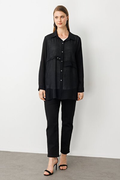 Ekol Women's Plus Size Buttoned Blouse with Necklace and Undershirt 3650 Black