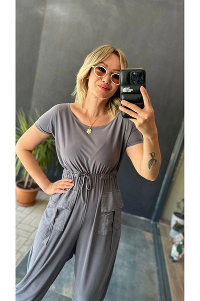 Butik Ayseba Women's Gray Pocket Short Sleeve Sports Jumpsuit