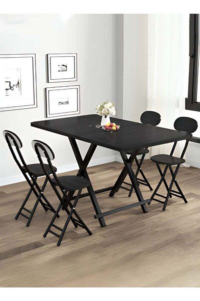 Taimi 5-Piece Folding Dining Set, Wooden Table 100x60x74cm with 2 Folding Chairs with Metal Frame - Black