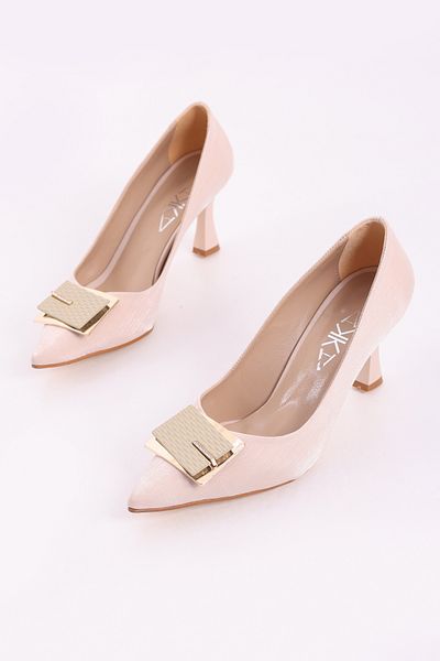 SHOESSHOPS Striped Satin Evening Dress with Buckle Detail on the Front Stylish Women's Heeled Shoes