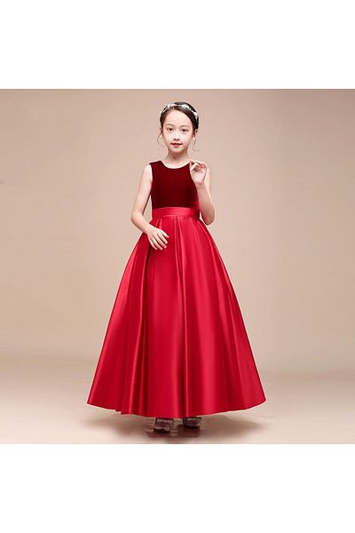 NSMLİFE Girls' Red Crew Neck Velvet Evening Dress Skirt Satin Dress