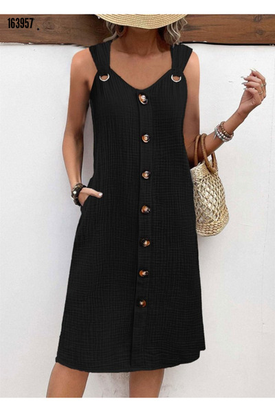 Modayakamoz Önden Düğmeli Kadın Elbise - Askılı V Yakalı Narin Müslin Kumaş