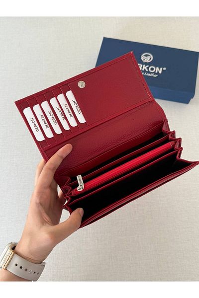 DERKON Genuine Leather Vendy Model Women's Wallet with Plenty of Eyes Red