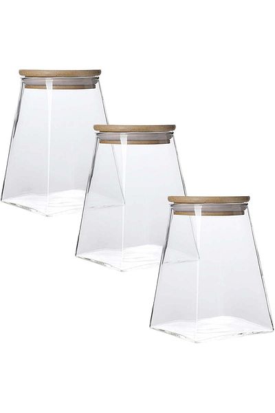 Quasar & Co. Set of 3 Food Storage Containers, Bamboo lid, Airtight jar, pyramidal, glass, 500 ml