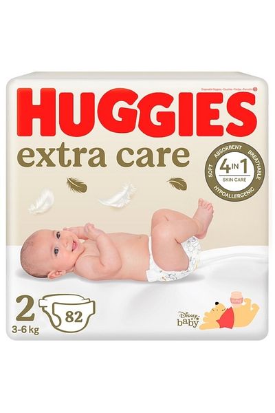 Huggies Extra Care 2 Diapers, Mega, 3-6 Kg, 82 Pcs