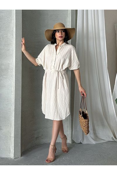 MD trend Γυναικείο ριγέ φόρεμα με κουμπιά Midi μήκους