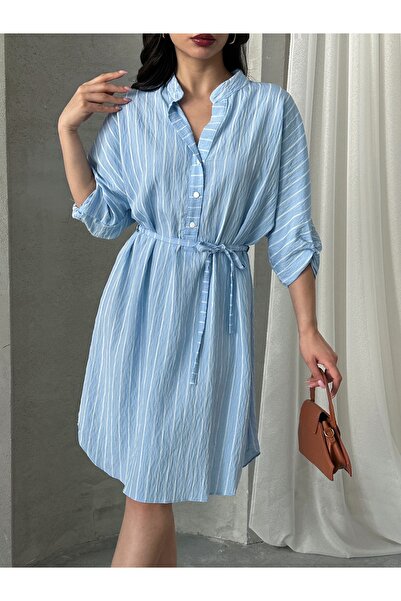 MD trend Rochie midi cu nasturi în dungi pentru damă