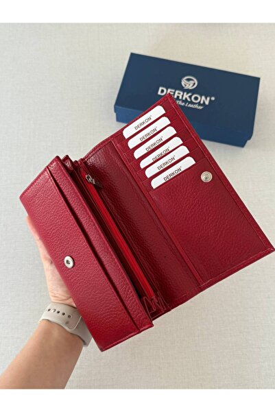 DERKON Genuine Leather Vendy Model Women's Wallet with Plenty of Eyes Red