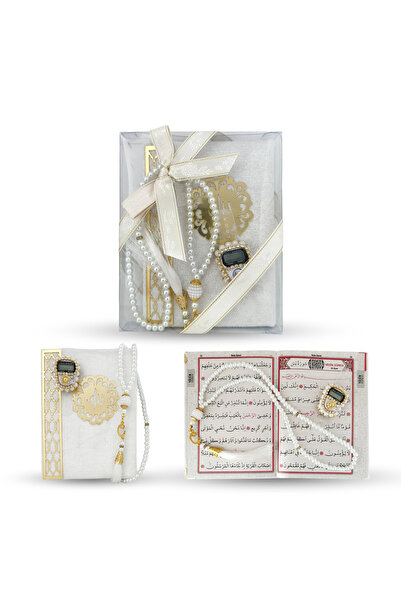 Yeşilipek Asetat Kutuda Yasin İnci Tesbih ve Zikirmatik Set Beyaz