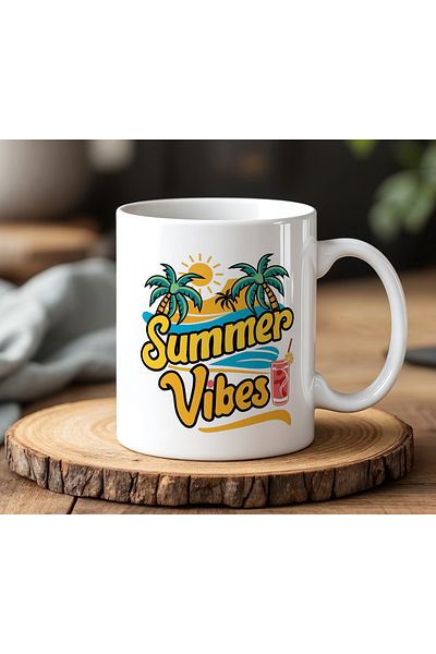 BB TRADE White Ceramic Printed Mug with Summer Vibes Design 330ml