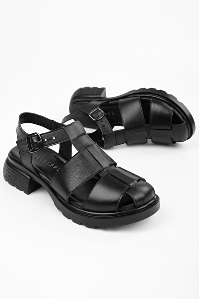 Shoeberry Women's Sandy Black Genuine Leather Sandals