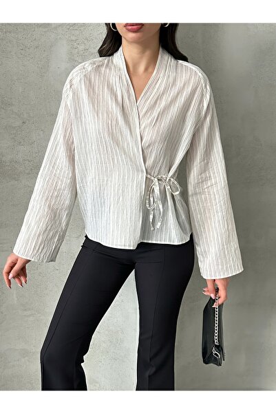 MD trend Women's V-Neck Lace-Up Blouse