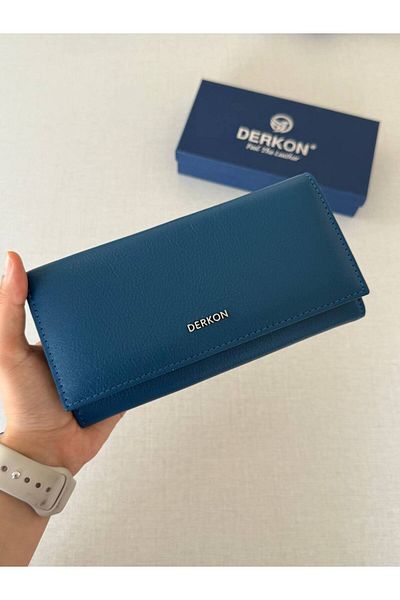 DERKON Genuine Leather Vendy Model Women's Wallet with Plenty of Eyes Petrol Blue
