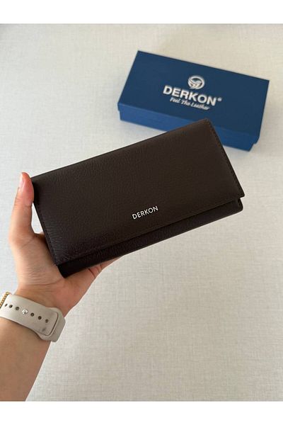 DERKON Genuine Leather Vendy Model Women's Wallet with Plenty of Eyes Brown
