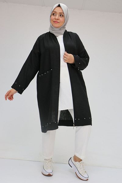 Eslina 53016 Large Size Sleeve Elastic Stone Printed Linen Tunic - Black