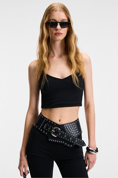 GRIMELANGE Lumina Women's Slim Fit Strap Slim Crop Black Tank Top