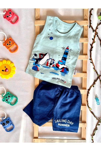 KapsülBebek 100% Organic Cotton Unisex Summer Baby Set – Sailing Day Undershirt & Shorts 2-Piece Sea Themed Set