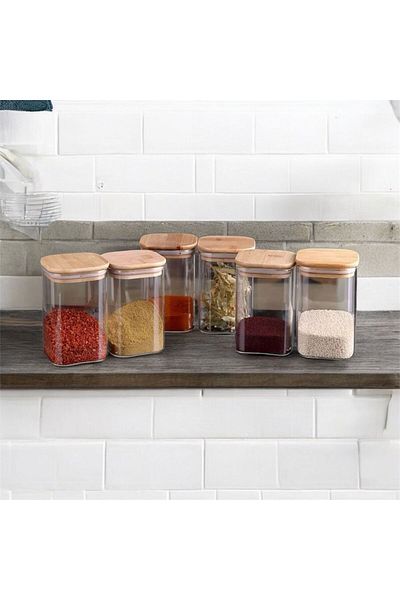 emdeco 6 Pieces Square Wooden Vacuum Lid Acrylic Spice Rack Set 300 ml Label + Spoon Gift