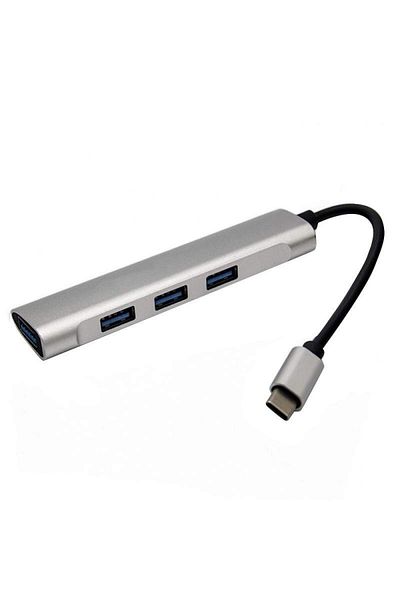 SIKS USB-C to USB Adapter, Silver, 4 Ports, File Transfer, Black/Gray
